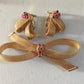 Vintage Designer Cellino 14K Yellow Gold and Pink Sapphire Bow Brooch and Matching 14K Clip-On Earrings