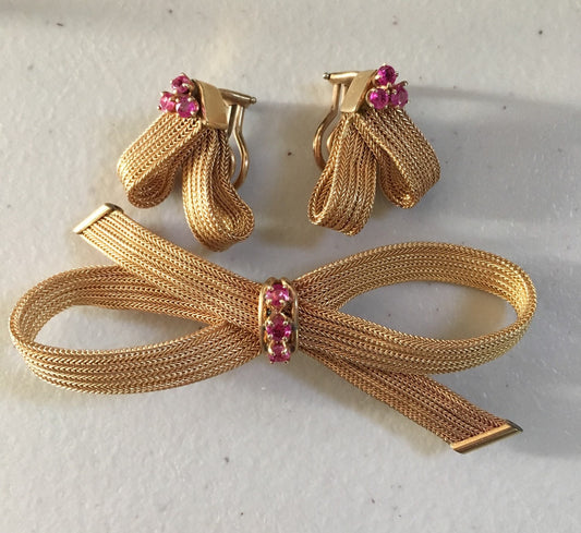 Vintage Cellino 14K Gold and Pink Sapphire Bow Brooch w/matching Clip-On Earrings - Local Pickup Only